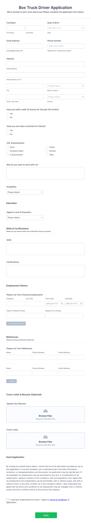 Box Truck Driver Application Form Template