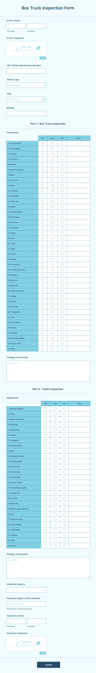 Box Truck Inspection Form Template
