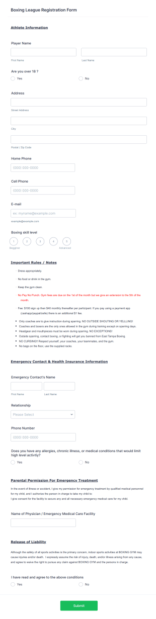 Boxing League Registration Form Template