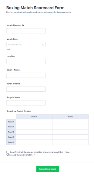 Boxing Match Scorecard Form Template
