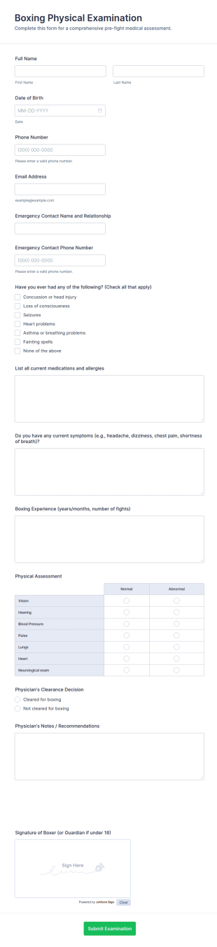 Boxing Physical Examination Form Template
