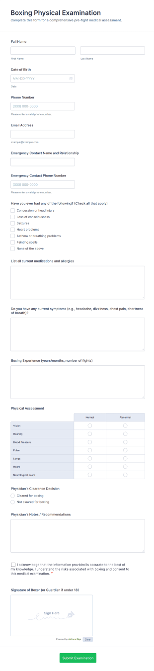 Boxing Physical Examination Form Template