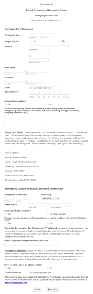 Boxing Registration Form Template
