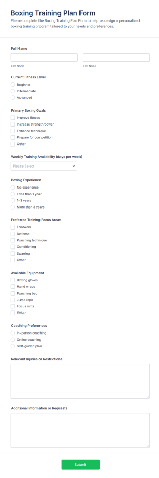 Boxing Training Plan Form Template