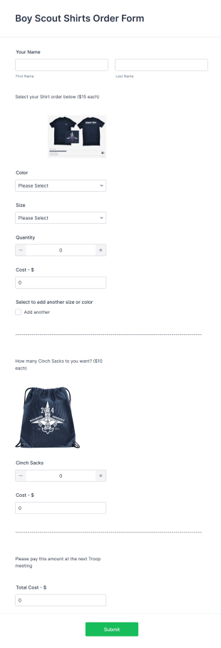 Boy Scout Shirts Order Form Template