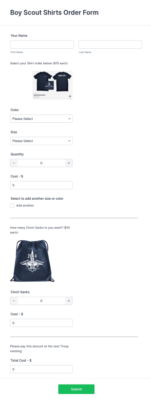 Boy Scout Shirts Order Form Template