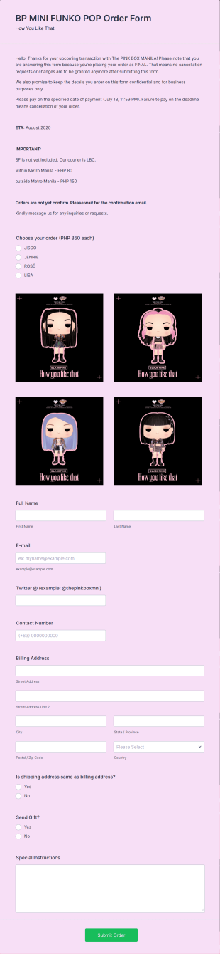 BP MINI FUNKO POP Order Form Template