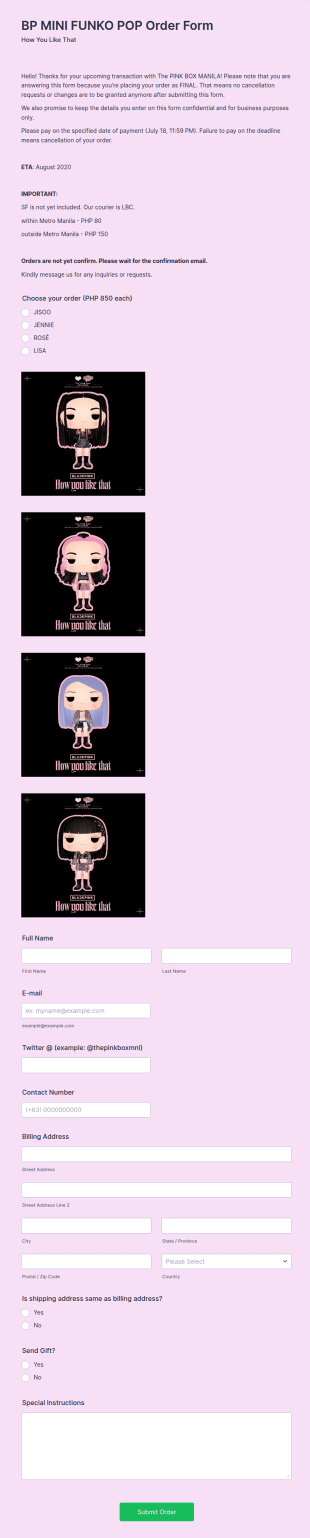 BP MINI FUNKO POP Order Form Template