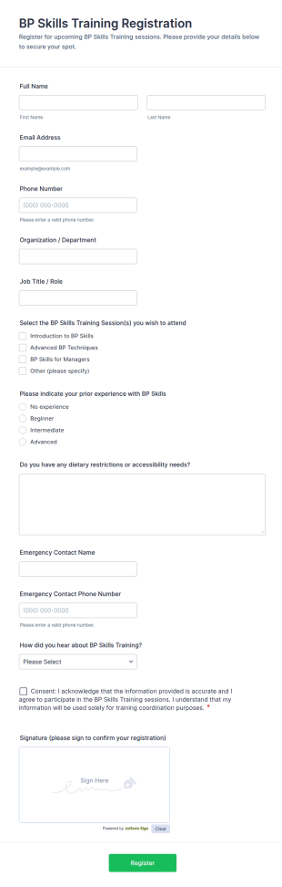 BP Skills Training Registration Form Template