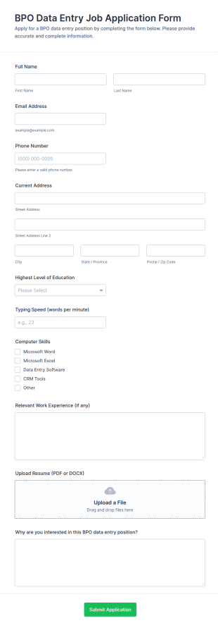 BPO Data Entry Job Application Form Template