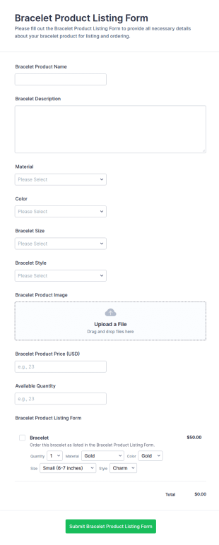 Bracelet Product Listing Form Template