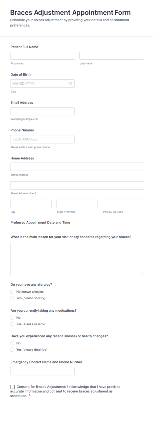 Braces Adjustment Appointment Form Template