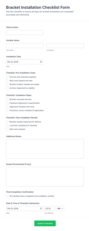 Bracket Installation Checklist Form Template