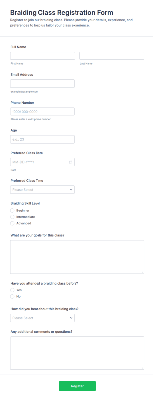 Braiding Class Registration Form Template
