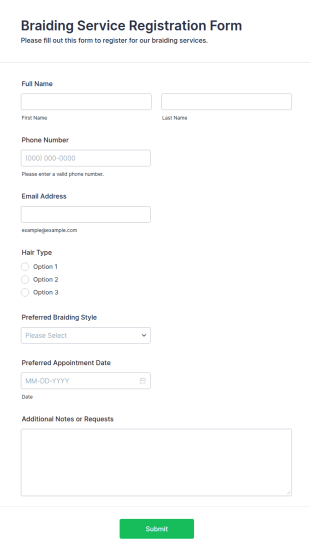 Braiding Service Registration Form Template
