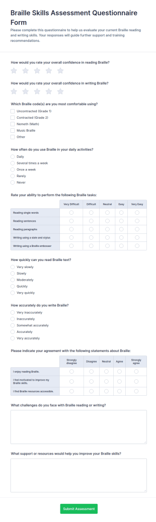 Braille Skills Assessment Questionnaire Form Template