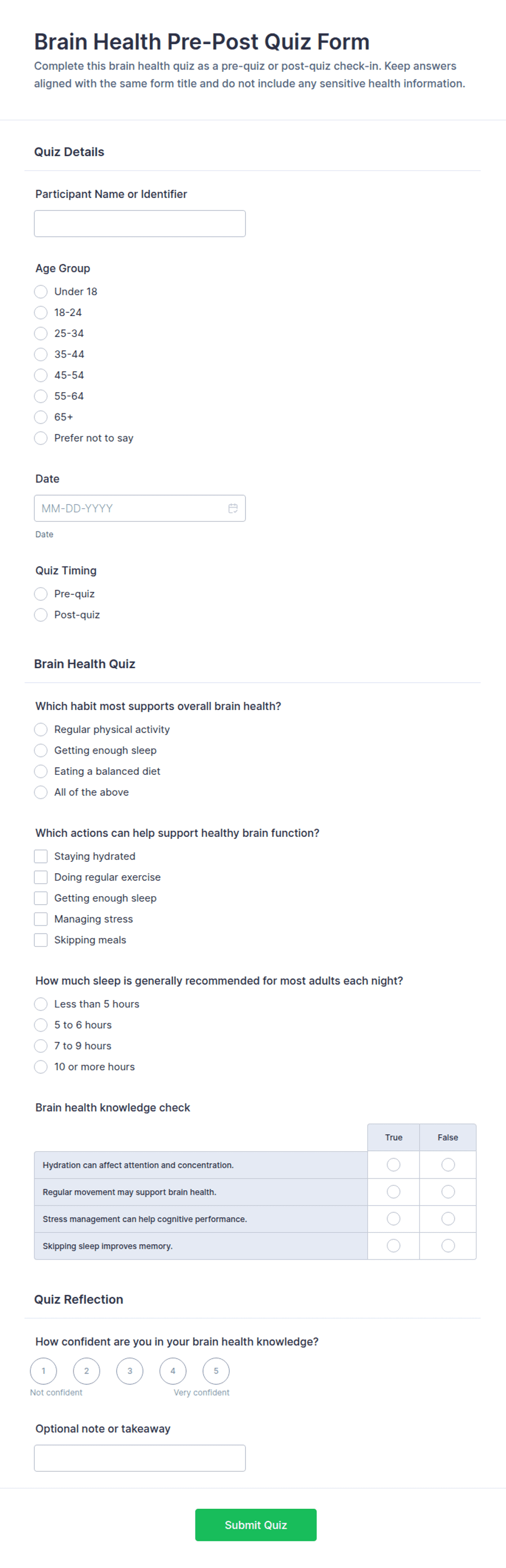 Brain Health Pre-Post Quiz Form Template | Jotform