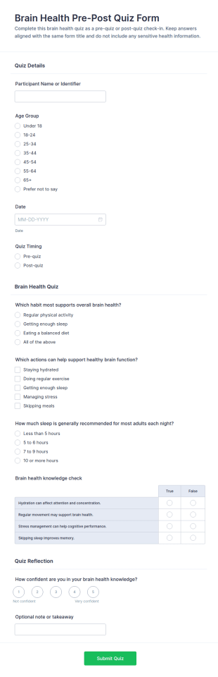 Brain Health Pre Post Quiz Form Template