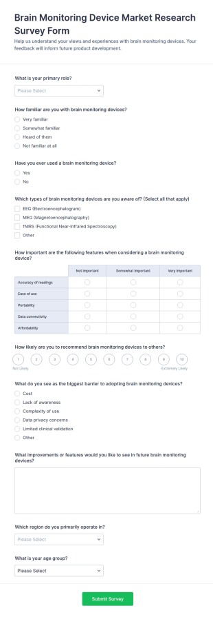 Brain Monitoring Device Market Research Survey Form Template