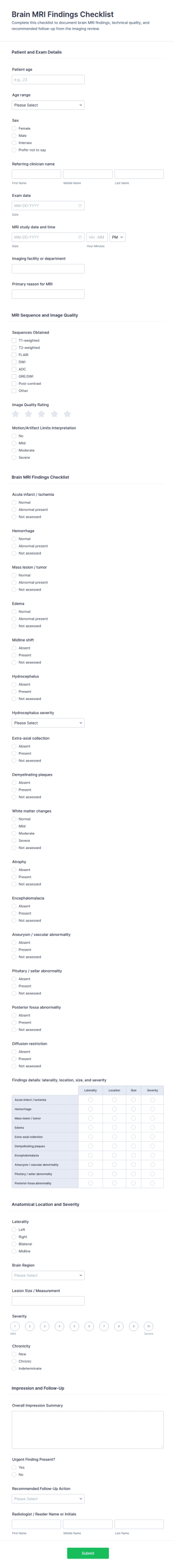 Brain MRI Findings Checklist Form Template