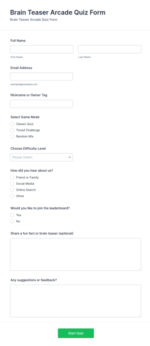 Brain Teaser Arcade Quiz Form Template