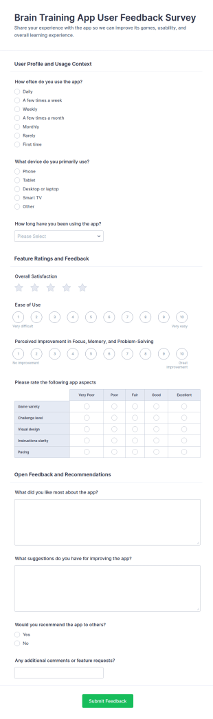 Brain Training App User Feedback Survey Form Template