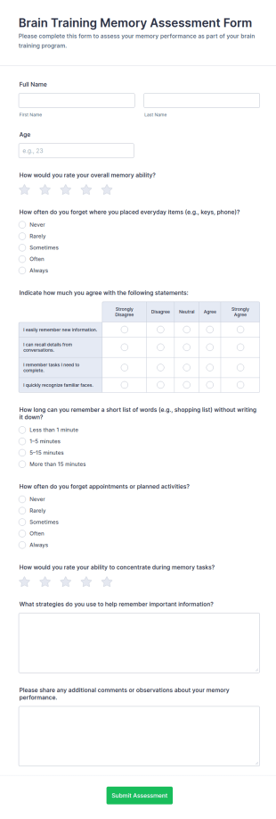 Brain Training Memory Assessment Form Template