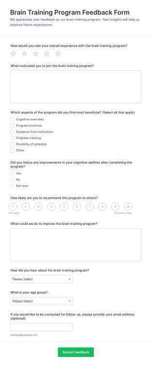 Brain Training Program Feedback Form Template