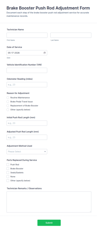 Brake Booster Push Rod Adjustment Form Template