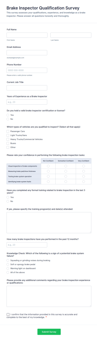 Brake Inspector Qualification Survey Form Template