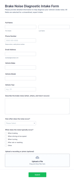 Brake Noise Diagnostic Intake Form Template