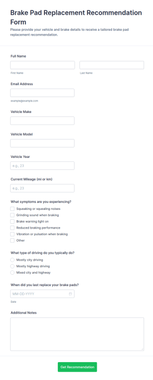 Brake Pad Replacement Recommendation Form Template