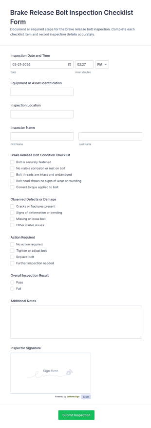 Brake Release Bolt Inspection Checklist Form Template
