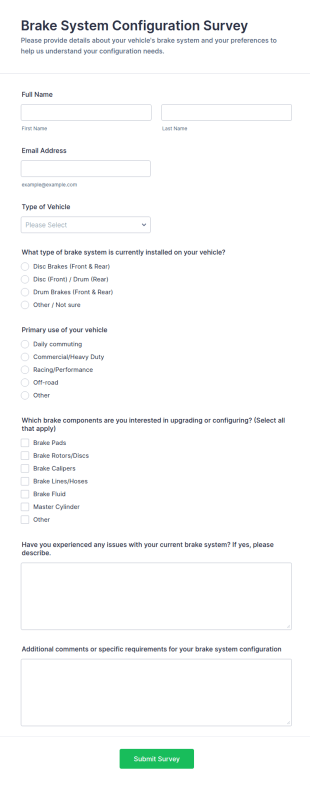 Brake System Configuration Survey Form Template