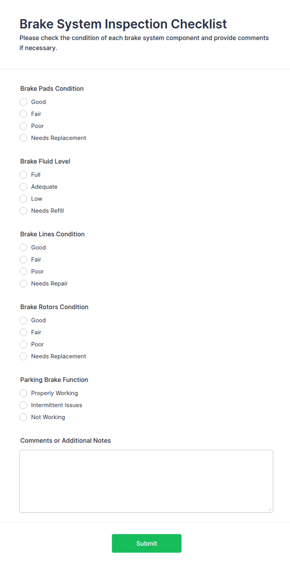 Brake System Inspection Checklist Form Template | Jotform
