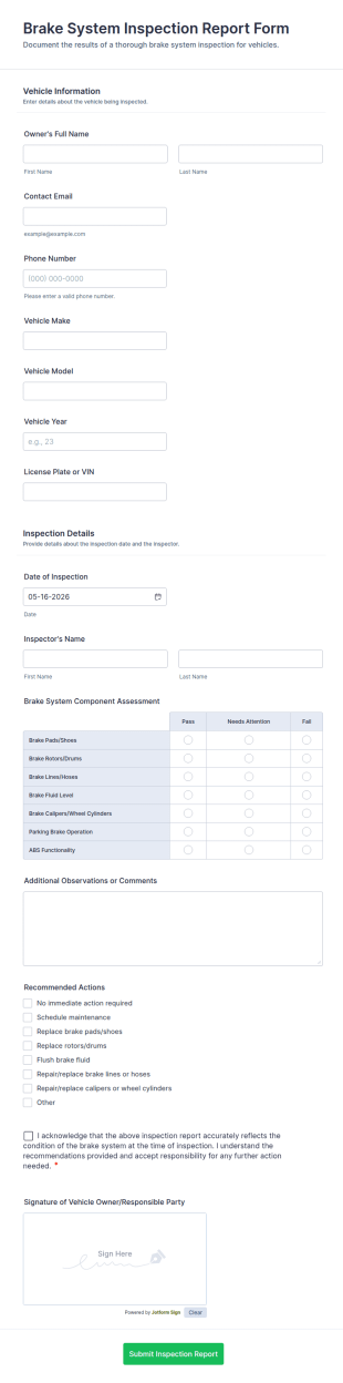 Brake System Inspection Report Form Template
