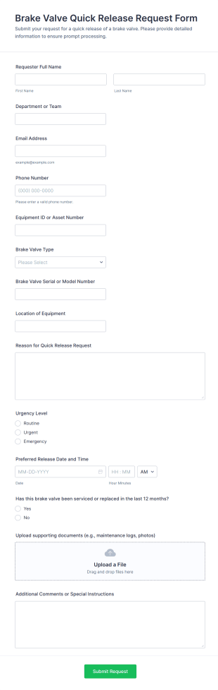 Brake Valve Quick Release Request Form Template