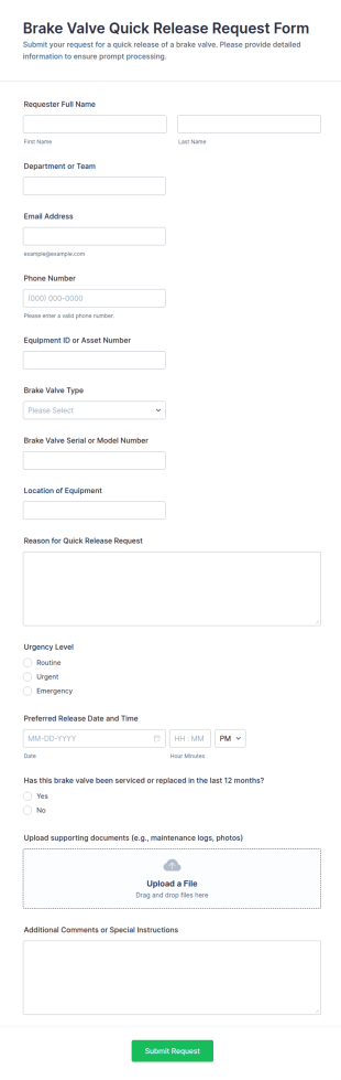 Brake Valve Quick Release Request Form Template