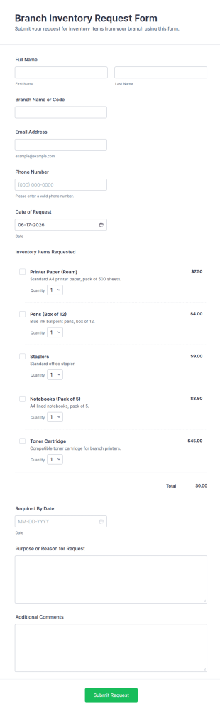 Branch Inventory Request Form Template