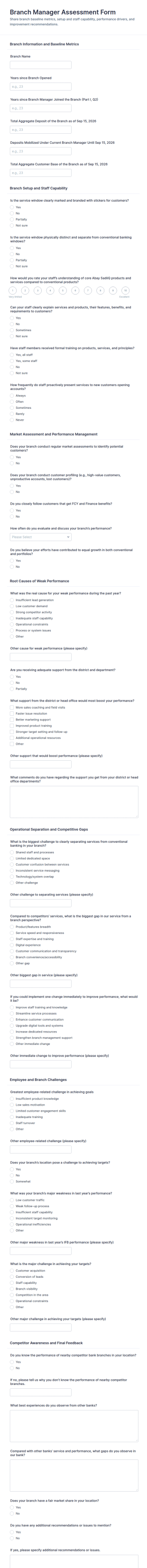 Branch Manager Assessment Questionnaire Form Template