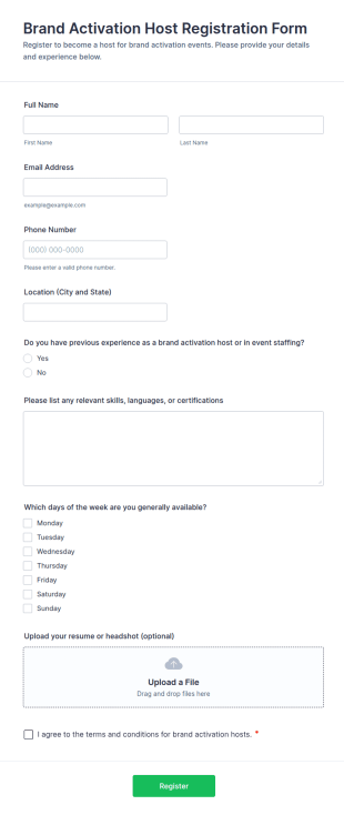 Brand Activation Host Registration Form Template