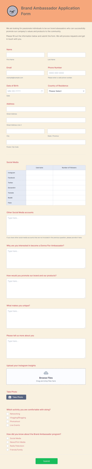 Brand Ambassador Application Form Template