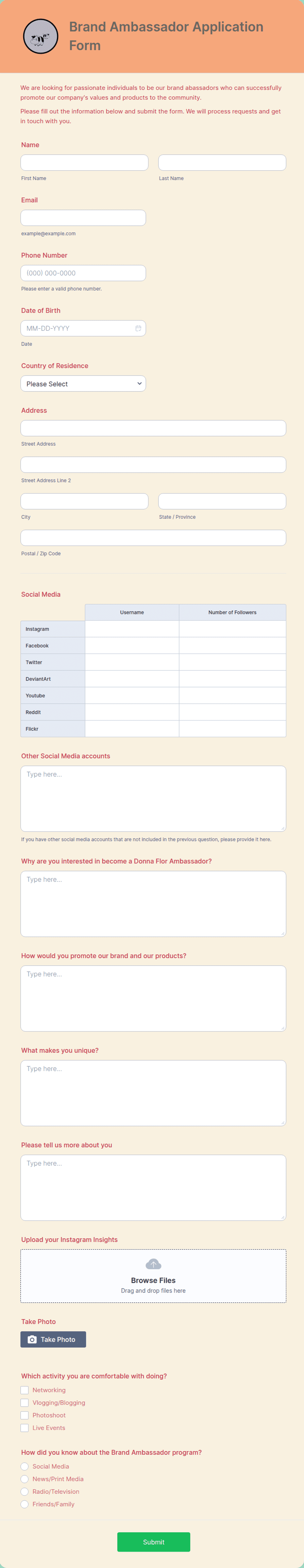 Ambassador Application Example Brand Ambassador Application Form Template | Jotform