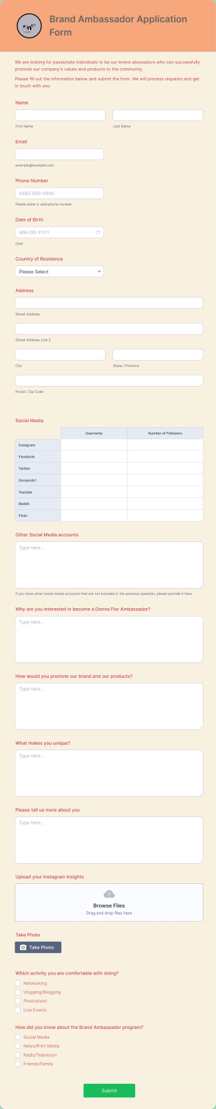 Brand Ambassador Application Form Template