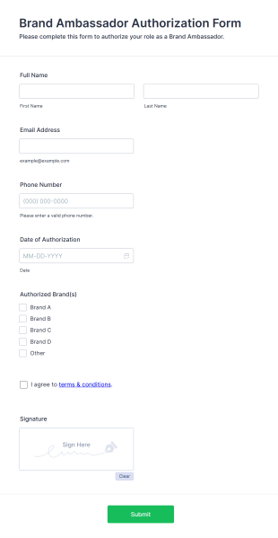 Brand Ambassador Authorization Form Form Template