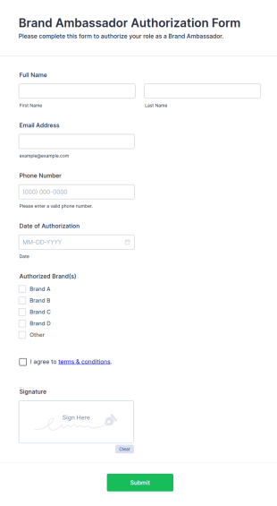 Brand Ambassador Authorization Form Template