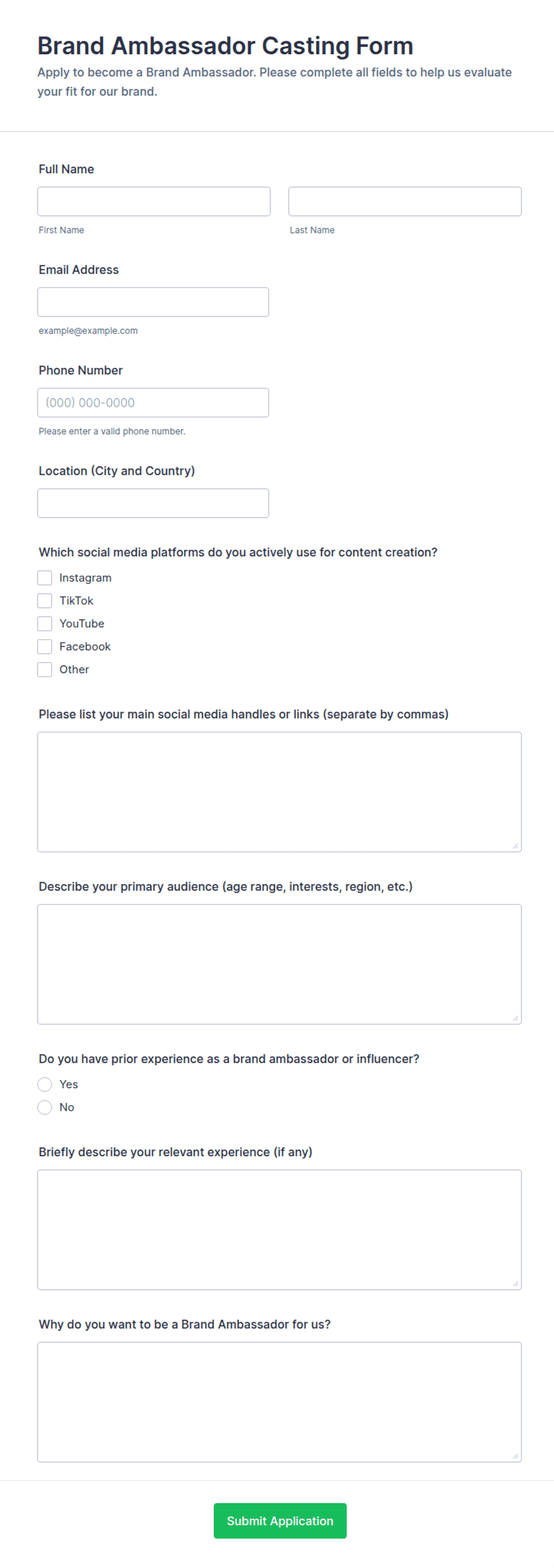 Brand Ambassador Casting Form Template | Jotform