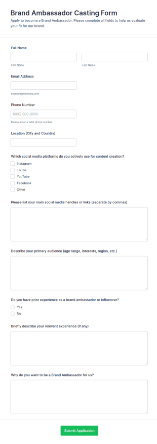 Brand Ambassador Casting Form Template