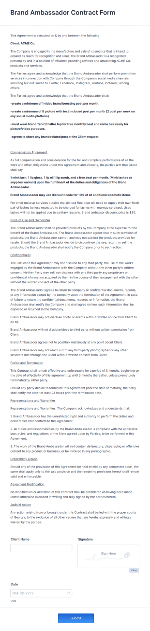 Brand Ambassador Contract Form Template