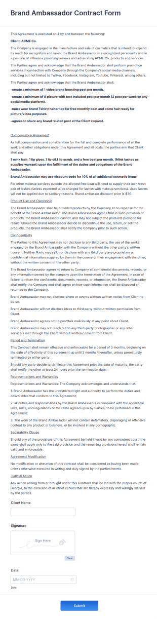 Brand Ambassador Contract Form Template